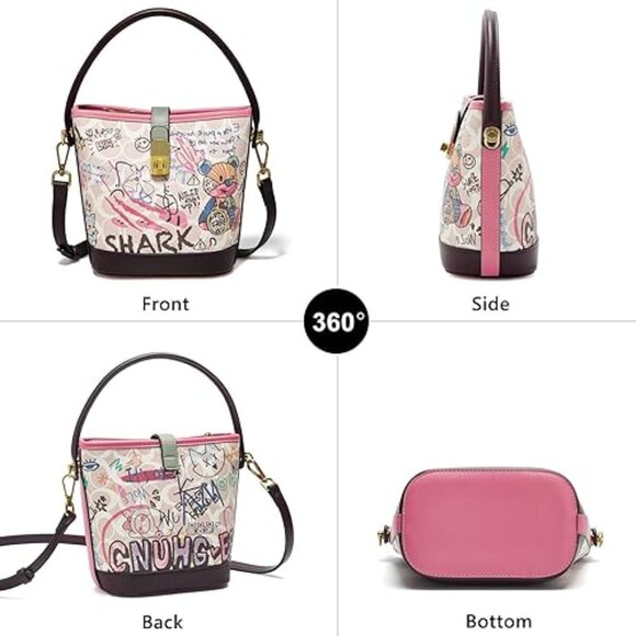 FOXLOVER Faux Leather/Fabric Bucket Small Crossbody Bag with Graffiti - NEW - Picture 3 of 3